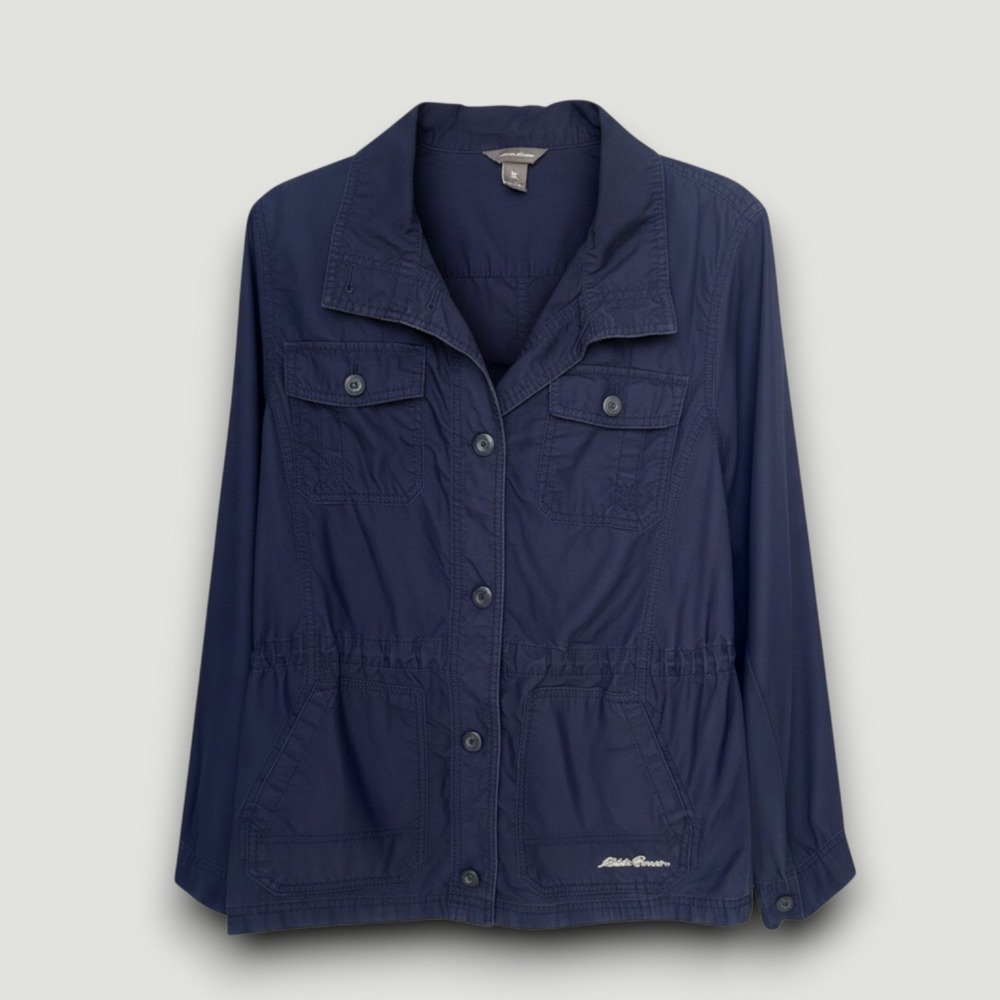 Eddie Bauer Utility Jacket Womens L Navy Blue Cinched Waist Pockets Minimalist